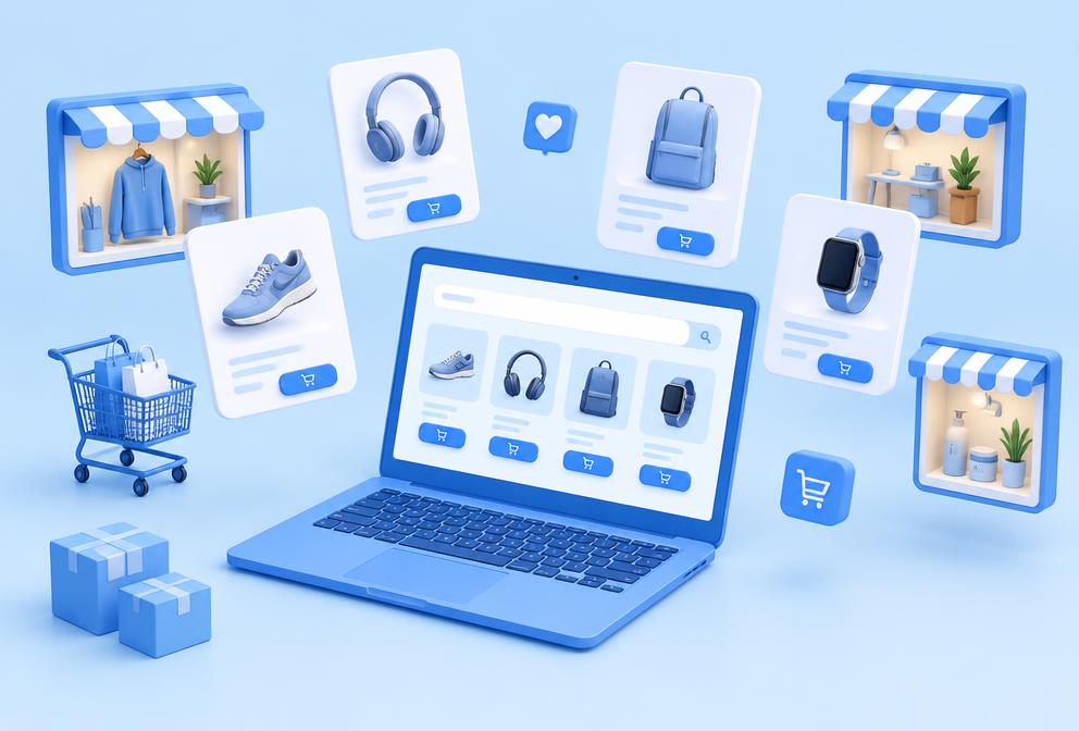 E-Commerce: 3D-ілюстрація моніторингу цін та асортименту на маркетплейсах